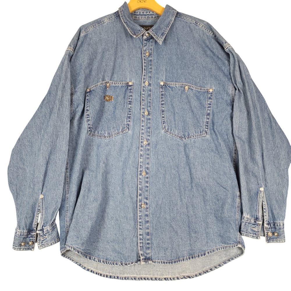 Marc Buchanan Pelle Pelle Denim Button Up Shirt Mens XL Long Sleeve Pocket Logo